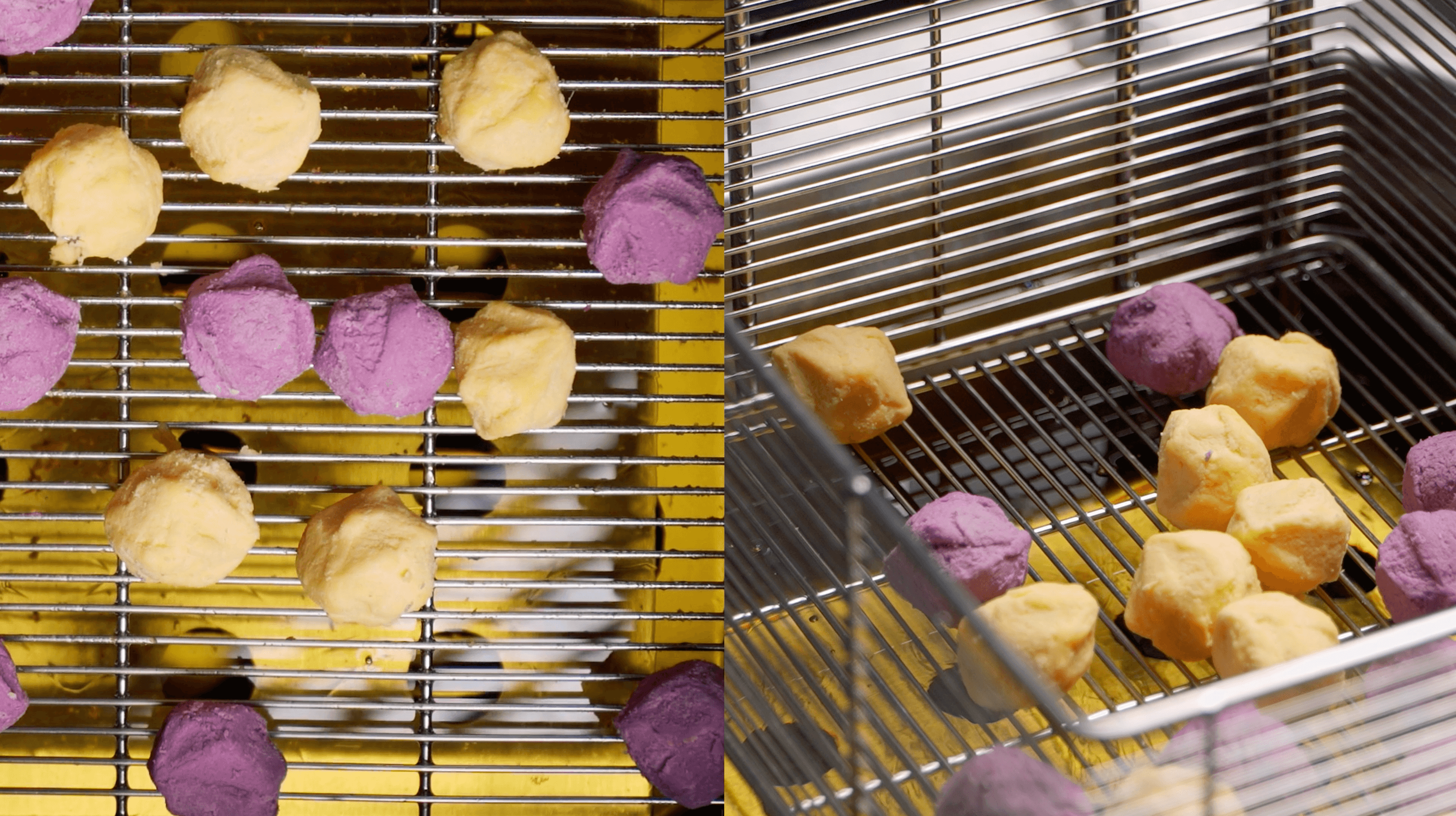 Lumo raw sweet potato balls prepared in fryer basket for deep frying