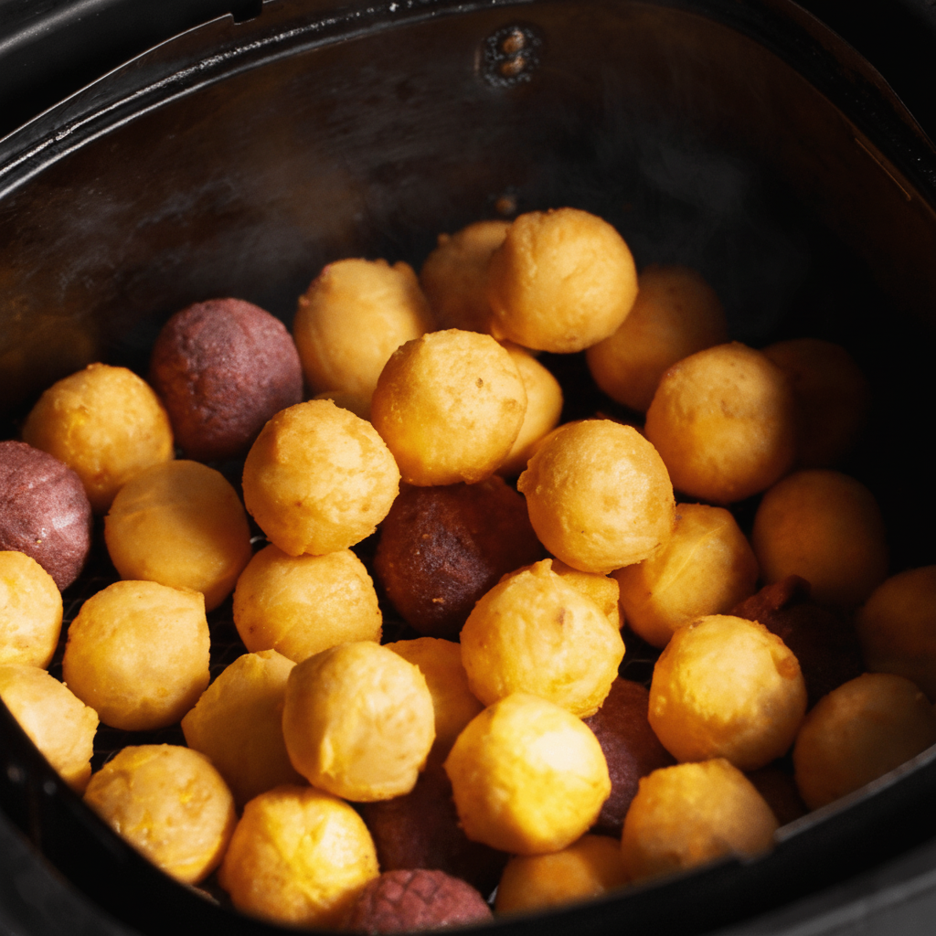 Lumo air fryer to cooked sweet potato balls golden crispy texture in 1:1 photo